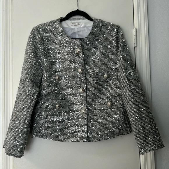 Women's Metallic Stellah Silver Textured Crop Jacket Size Large - Picture 1 of 8